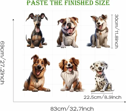 Vista 5 de Calcomanías de pared con diseño de seis razas de cachorros, calcomanías de pared de perros de dálmata, Husky Border Collie, Bulldog Francés
