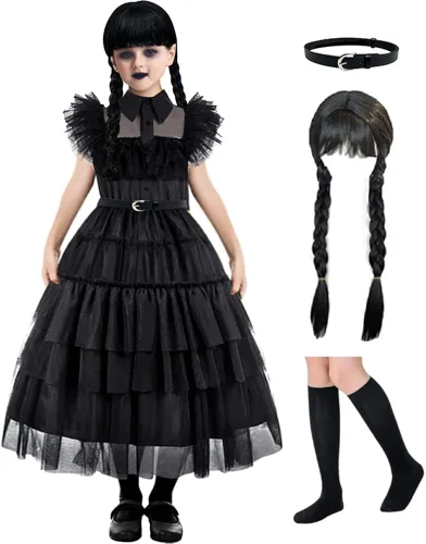 Vista 2 de Zalongye Disfraz de Wednesday addams para niñas, disfraz de la familia Addams, vestido de fiesta de Halloween, cosplay de 4 a 13 años