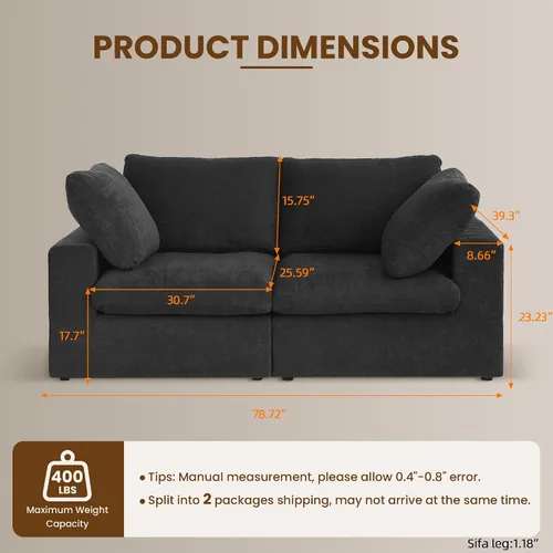 Vista 2 de Sofá modular Cloud de 79 pulgadas, sofá biplaza modular convertible, sofá de tela de lino de algodón para sala de estar, apartamento y dormitorio