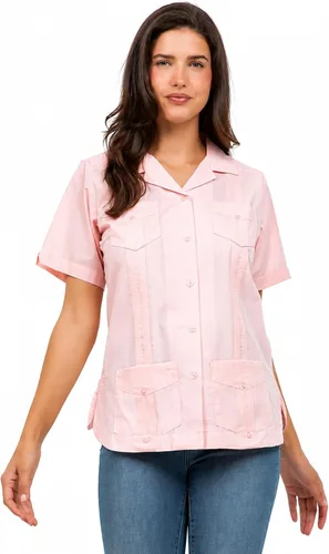Vista 15 de Mojito Collection Guayabera de manga corta clásica de mezcla de algodón para mujer con 4 bolsillos Aguamarina (Aquamarine)
