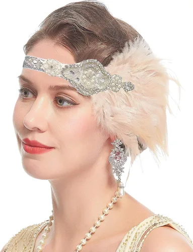 Vista 13 de Cizoe (aa) - Juego de accesorios de estilo Gatsby de la década de 1920, para mujer, diadema de estilo flapper, tocado, collar, guantes