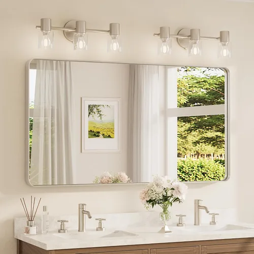 Vista 23 de Espejo de marco dorado cepillado de 16 x 24 pulgadas, espejo de tocador de baño de latón dorado para pared, espejo enmarcado rectangular de esquina