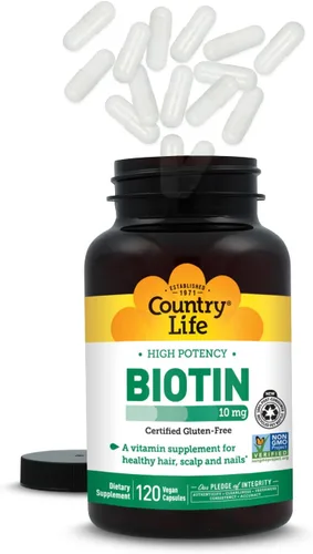 Vista 8 de Country Life Biotina de alta potencia 10 mg - Suplemento de biotina vegana y sin gluten para piel y uñas, metabolismo energético - Cápsulas
