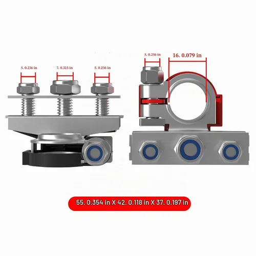Vista 3 de 2 piezas de kit de conectores de abrazadera de terminales de cable de batería de 3 vías para auto de poste superior, positivo y negativo, rojo