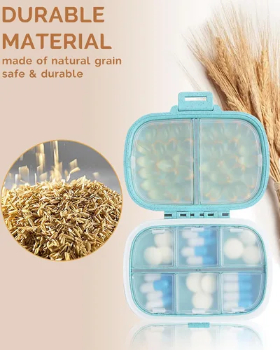 Vista 6 de Organizador de pastillas de viaje con 8 compartimentos, pastillero diario pequeño para bolsa de bolsillo, contenedor de píldoras portátil Azul