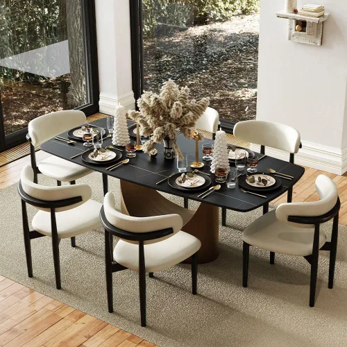 Vista 11 de POVISON Juego de mesa de comedor para 4, mesa rectangular negra de piedra sinterizada mate de 63 pulgadas con base de acero al carbono bronce, silla
