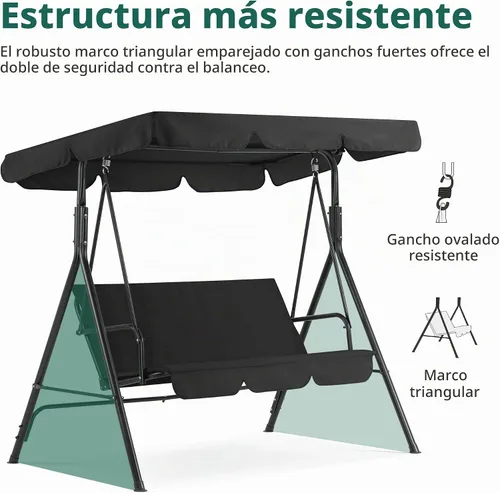 Vista 5 de MCombo - Silla de columpio para patio al aire libre, sillón balanceable con toldo ajustable para 3 personas, cojines extraíbles, 4003