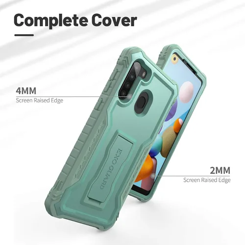 Vista 2 de ExoGuard Funda para Samsung Galaxy A21, funda de goma a prueba de golpes de cuerpo completo, protector de pantalla integrado y soporte compatible