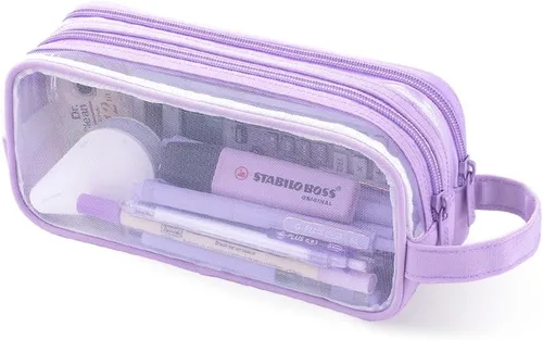 Vista 10 de Oyachic Estuche para lápices de 2 compartimentos de malla transparente para bolígrafos, bolsa de cosméticos para maquillaje, bolsa de cosméticos