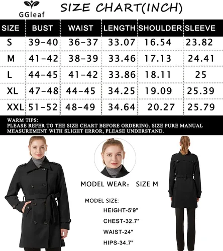 Vista 7 de GGleaf Abrigo clásico de doble botonadura para mujer, gabardina delgada de invierno con cinturón