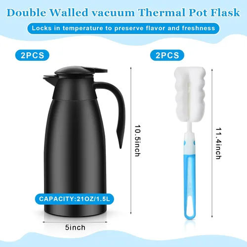 Vista 2 de Ziliny Paquete de 2 jarras térmicas de café de 51 onzas, jarra de café de acero inoxidable aislada al vacío de doble pared, mantiene las bebidas