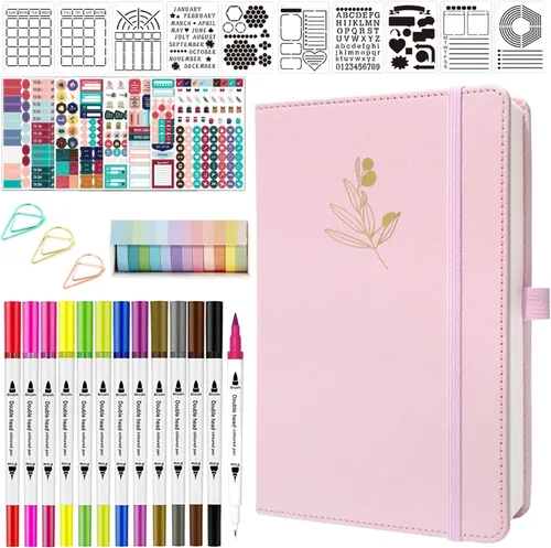 Vista 10 de Y&I - Kit de diario de viñetas punteadas de tapa dura A5 con 184 páginas numeradas, papel grueso de 120GSM, plantillas, calcomanías, bolígrafos