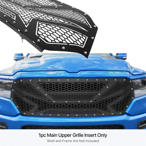 Vista 3 de APS Compatible con Ram 1500 2019-2024 Laramie Lone Star Big Horn Tradesman Principal Superior Acero Inoxidable Negro Corte Láser Rejilla Inserto