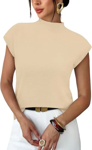 Vista 27 de Sampeel Suéter de manga corta para mujer, cuello alto, para verano, elegante, informal, básico, de punto