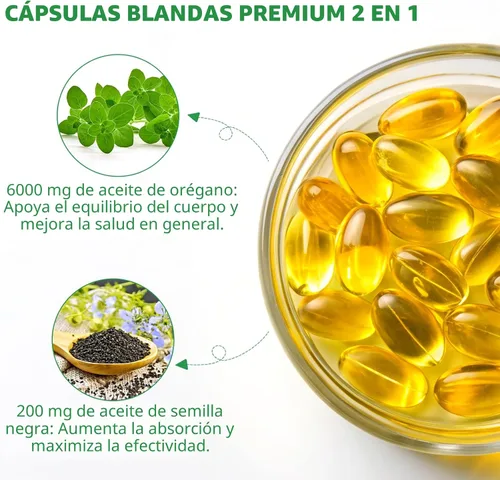 Vista 2 de Aceite de orégano con aceite de semilla negra, 6000 mg cápsulas de aceite de orégano orgánico, con aceite de semilla negra de 200 mg, aceite