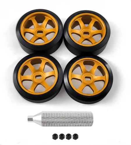 Vista 10 de Llantas de rueda de 6 radios y neumáticos de deriva de coche RC para 1/28 RC Hobby modelo, [2 estrechos+2 anchos] 4 llantas de aleación de aluminio