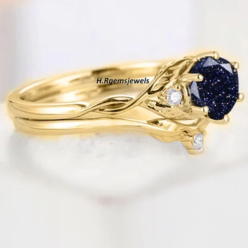 Vista 2 de Anillo de compromiso redondo de piedra arenisca azul con diseño de galaxia delicada, anillo de compromiso de plata de ley, anillo único Art Deco