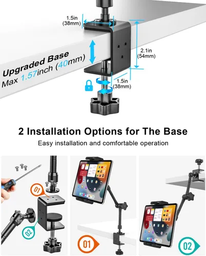 Vista 4 de Soporte de aluminio para tablet para soporte de escritorio, soporte de tableta [pequeño portátil] para cocina, clip de cama con abrazadera grande
