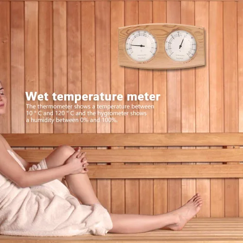Vista 2 de Termómetro de sauna, termómetro higrómetro de madera 2 en 1, termómetro de doble esfera higrómetro higrómetro para accesorios de sala de sauna