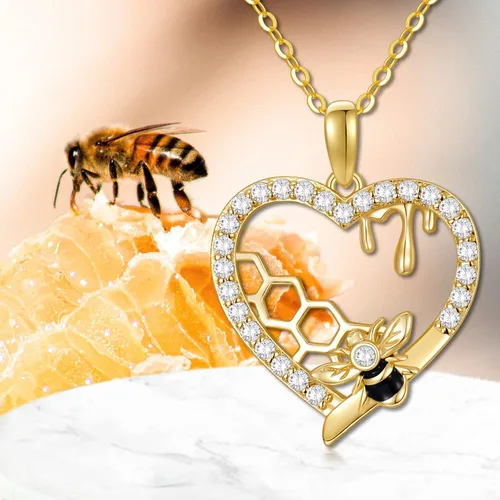 Vista 6 de KECHO Gold Bee Necklace Gifts for Women 14k Yellow Gold Honeycomb Honey Bee Pendant Necklaces Love Heart Jewelry Gifts for Women Her Girls Wife