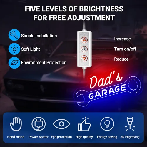 Vista 4 de Letrero de neón de garaje para papá, letrero LED personalizado con forma de llave, decoración de pared retro de mecánico de automóviles, letrero