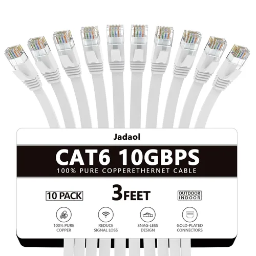 Vista 9 de Cable Ethernet Cat 6 de 1 pie (paquete de 6), para exteriores e interiores, compatible con red Cat7 de 10 Gbps, cable de conexión LAN plano