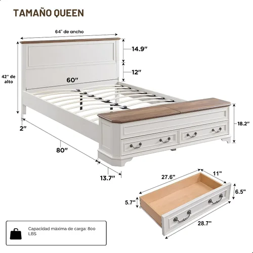 Vista 2 de T4TREAM Cama Queen de granja con cabecera y banco de almacenamiento (blanco antiguo) Baúl de almacenamiento de 64 pulgadas, 4 cajones grandes