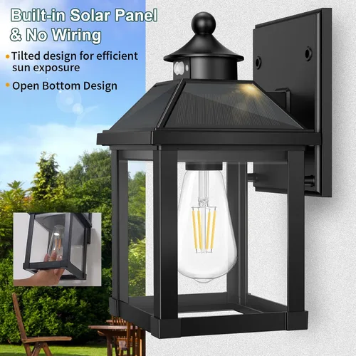 Vista 2 de AEQ Luces solares para porche al aire libre, apliques solares para exteriores con sensor de movimiento, luz de pared impermeable con panel