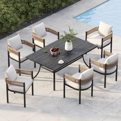 Vista 13 de Juego de comedor al aire libre Grand Patio de 5 piezas para 4, sillas de patio fijas de mimbre tejido metálico con cojines engrosados y 1 mesa