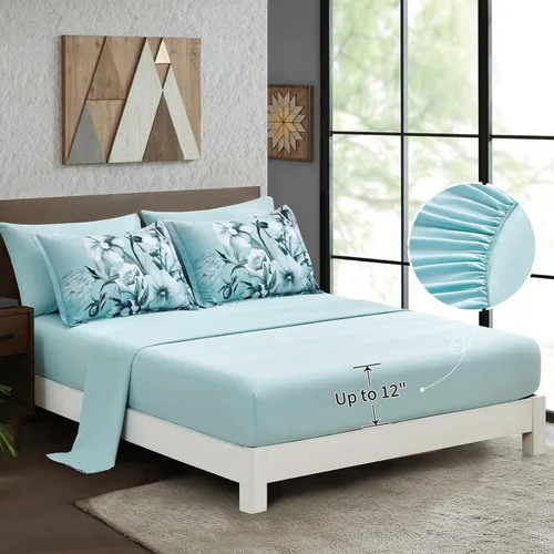 Vista 4 de Luxudecor Juego de edredón floral tamaño individual de 7 piezas, cama de flores aguamarina en una bolsa, elegante edredón floral degradado con juego
