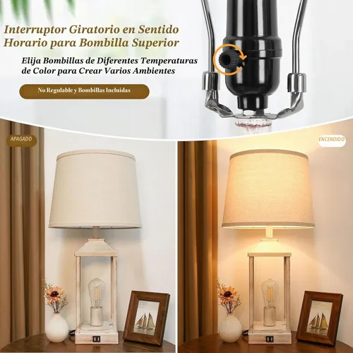 Vista 6 de Juego de 2 lámparas de mesa de granja de 28 pulgadas para sala de estar, lámpara de noche regulable de 3 vías con puertos USB, lámparas de mesa