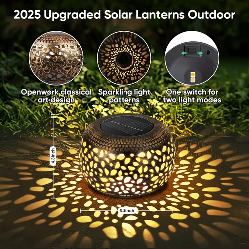 Vista 4 de Farol solar para decoración de patio al aire libre: faroles solares para exteriores, impermeables, ahuecados, retro, metal, alimentados por energía