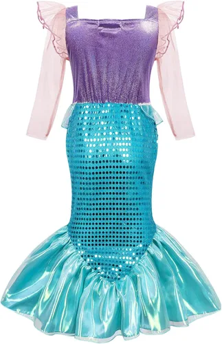 Vista 2 de WonderBabe Little Girl Long Sleeves Mermaid Princess Costume Sequins Party Dress Mermaid Dress Up Clothes Purple Fancy Outfit