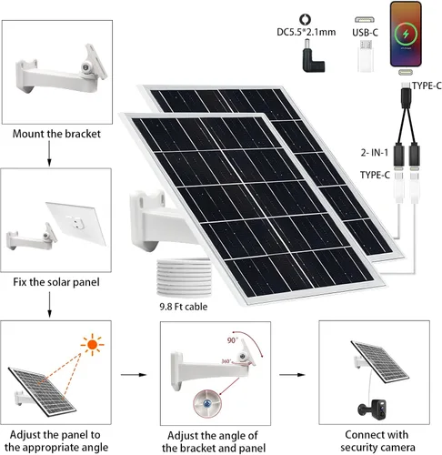 Vista 5 de Panel solar de 5 V y 16 W, paquete de 2 unidades IP65 impermeable con puertos USB-C/Micro USB/CC, cable de 9.8 pies para teléfono/banco