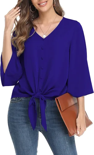 Vista 26 de VIISHOW Blusas de verano para mujer, con botones, cuello en V, de gasa, mangas acampanadas de 3/4, con nudo, casuales 01 Blanco
