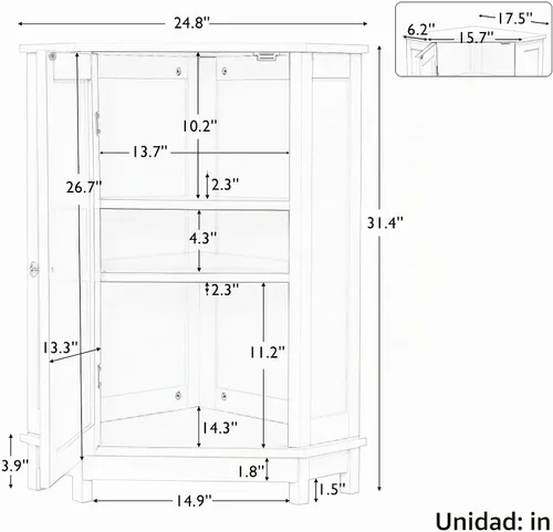 Vista 2 de Gabinete de almacenamiento de esquina para el hogar, gabinete de piso triangular para baño, gabinete de esquina independiente de madera con puerta