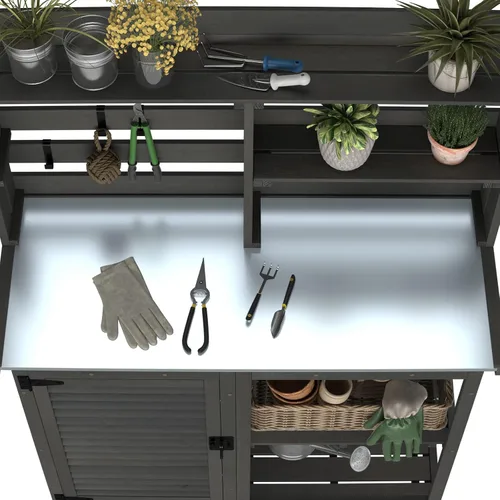 Vista 2 de GDLF Mesa de banco para macetas, banco de trabajo grande para jardín, al aire libre, estación de trabajo de mesa de metal con estante de gabinete