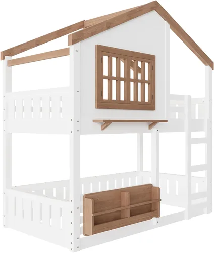 Vista 5 de Cama de Casa Tamaño Twin con Elegantes Ventanas y Estantería, Marco de Litera con Diseño de Castillo de Madera con Barandillas de Seguridad