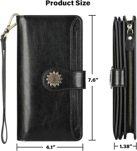 Vista 7 de Lavemi Carteras de cuero genuino de gran capacidad con bloqueo RFID para mujer, tarjetero con correa para la muñeca