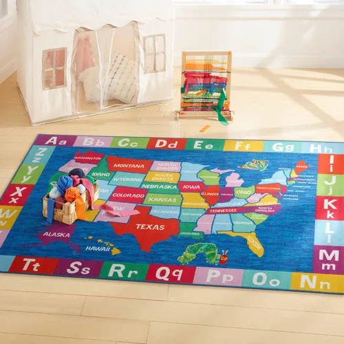 Vista 2 de Eric Carle Elementary USA Map - Alfombra de área lavable a máquina, color azul/rojo, 35 x 51 pulgadas