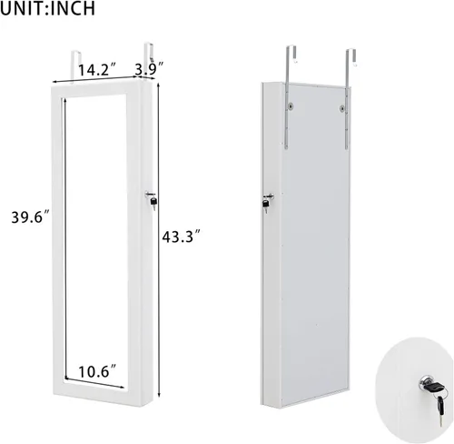 Vista 3 de MIYACA Organizador de 6 luces LED con espejo de joyería, armario de joyería con cerradura montado en la pared, con espejo de tocador de longitud