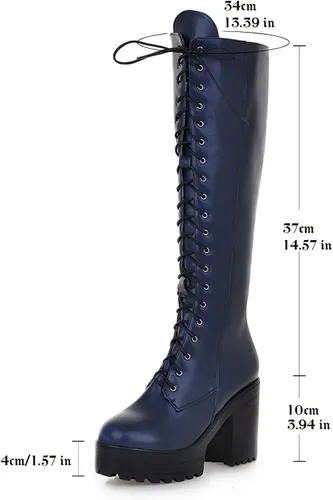 Vista 75 de Parisuit Botas góticas altas hasta la rodilla con hebilla de plataforma para mujer, tacón alto grueso, con cordones, botas de combate punk, con Negro