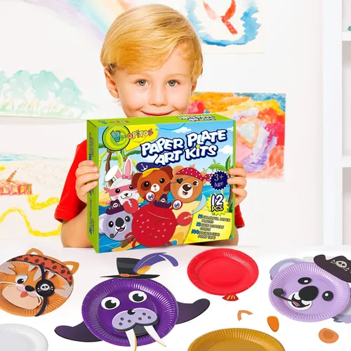 Vista 5 de V-Opitos Kits de artes y manualidades para niños, paquete de 12 manualidades de platos de papel, manualidades simples de animales para niños