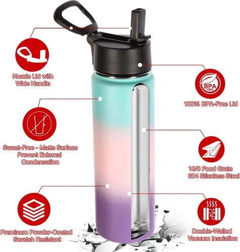 Vista 5 de Volhoply Botellas de Agua Aisladas con Pajita a Granel Paquete de 2, Botella Deportiva de 22 oz con Tapa con Asa, Botellas de Agua al Vacío de Doble