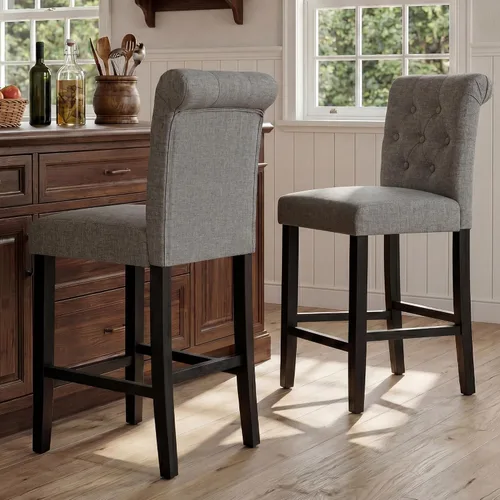 Vista 14 de GOTMINSI Taburetes de tela beige de 24 pulgadas, juego de 2 sillas tapizadas de altura de mostrador con decoración copetuda de estilo ocio