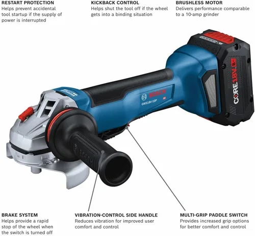 Vista 2 de Bosch GWS18V-10PB14 - Kit de amoladora angular sin escobillas de 18 V de 4-1/2 – 5 pulgadas con interruptor de paleta sin bloqueo y (1) batería