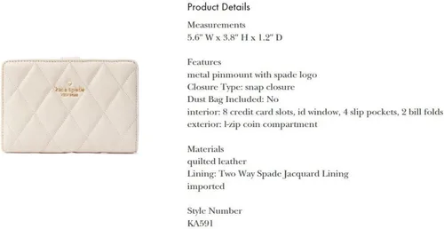 Vista 2 de Kate Spade Carey - Cartera plegable de cuero acolchado suave (pergamino), tamaño mediano, Pergamino, Cartera compacta