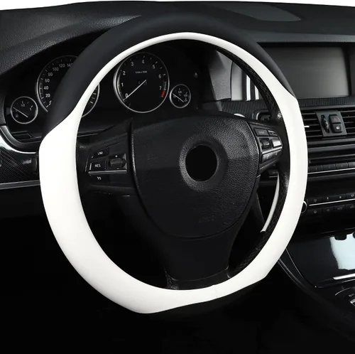 Vista 7 de Funda universal para volante de auto de 15" de piel de microfibra, ajuste universal para auto, elástica, antideslizante, transpirable y sin olor