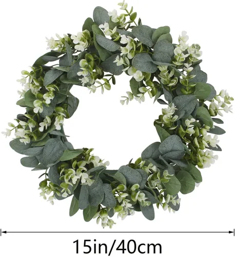 Vista 5 de Realdo - Corona de eucalipto artificial, hojas verdes con algodón para decoración de festividades, ideal para la puerta frontal, ventana