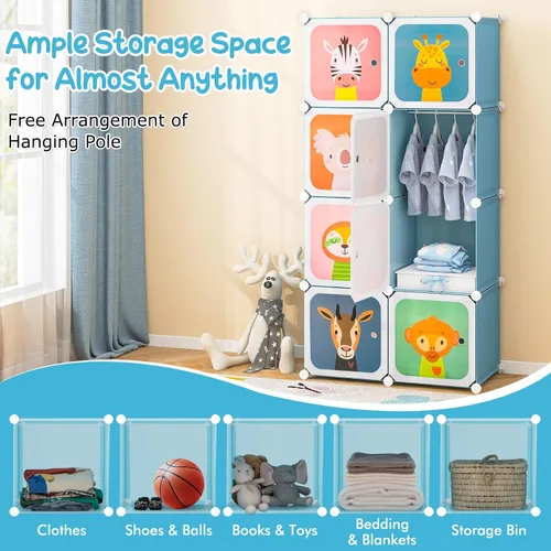 Vista 6 de HONEY JOY Armario para niños, organizador de almacenamiento de ropa de dibujos animados para bebés, 8 cubos y 2 secciones para colgar, armario Azul